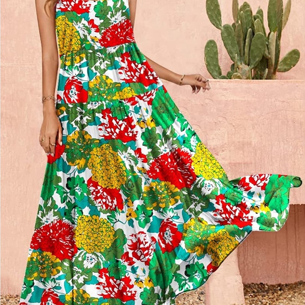 Casual Loose Bohemian Floral Dress with Pockets Spaghetti Strap Maxi Dress XS